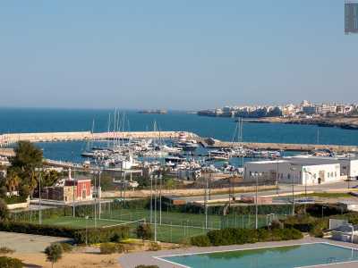 ...mentre sulla destra ecco il porto di Polignano e l�alto costone roccioso su cui � abbarbicato il centro storico del paese